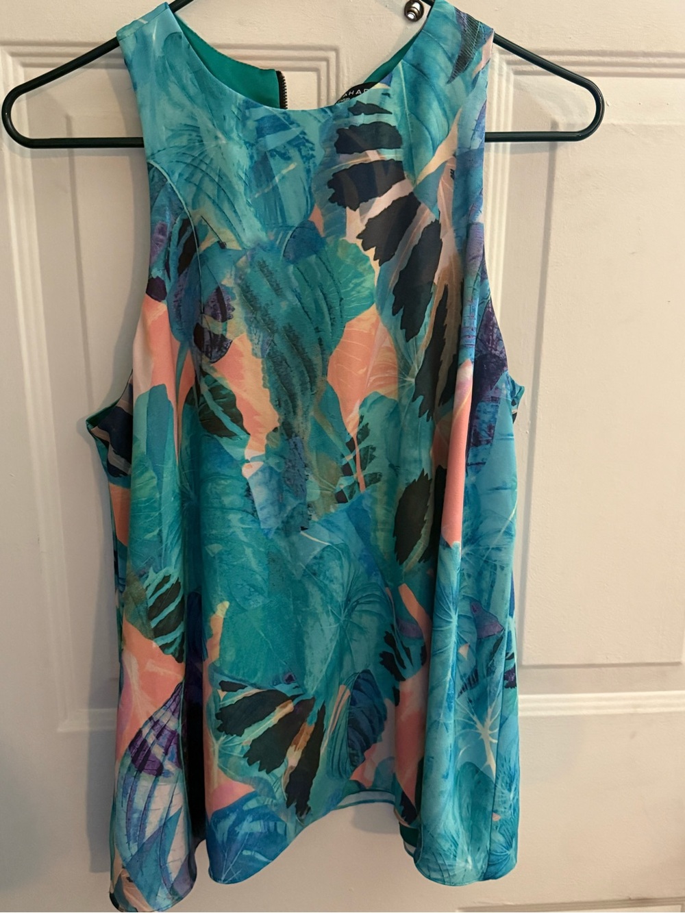Tahari Tropical Teal & Coral Sleeveless Blouse